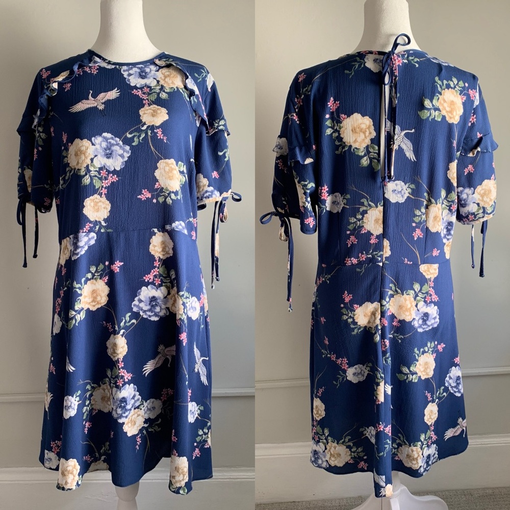 Atmosphere Blue Crane Asian Print Women Size 12 Dress Keyhole Ruffle Primark